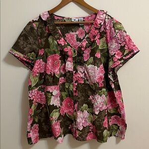 Caribbean Joe Women’s Pink and Green Floral Top Plus Size 3X Button Down Ruffles